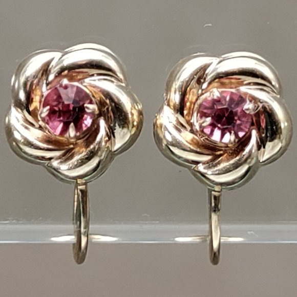 Jewelry - Vintage 10k Yellow Gold Small Flower Pink Paste Rhinestone Screw Back Earrings